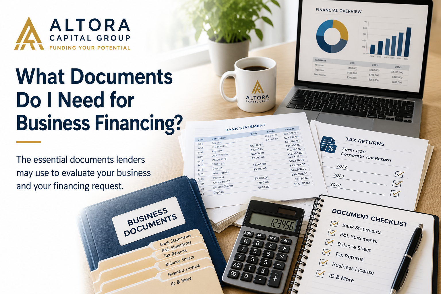 Business financing documents including bank statements, financial statements, tax returns and business information
