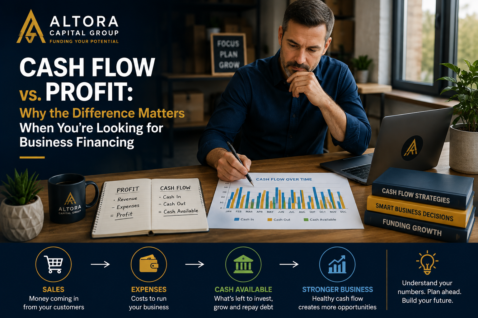 Business owner reviewing cash flow and profit information for business financing