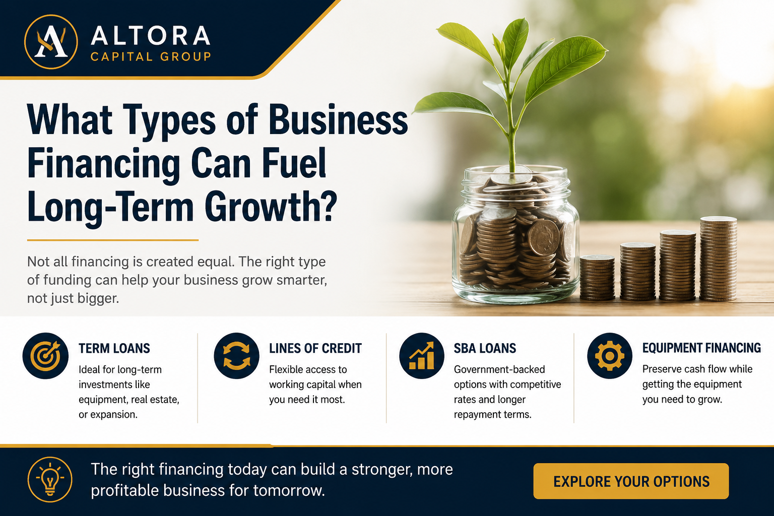 Business financing options for long-term growth including term loans, lines of credit, SBA financing and equipment financing