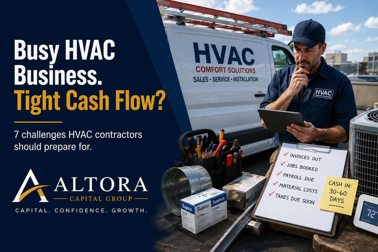HVAC contractor reviewing business cash flow challenges beside a service van