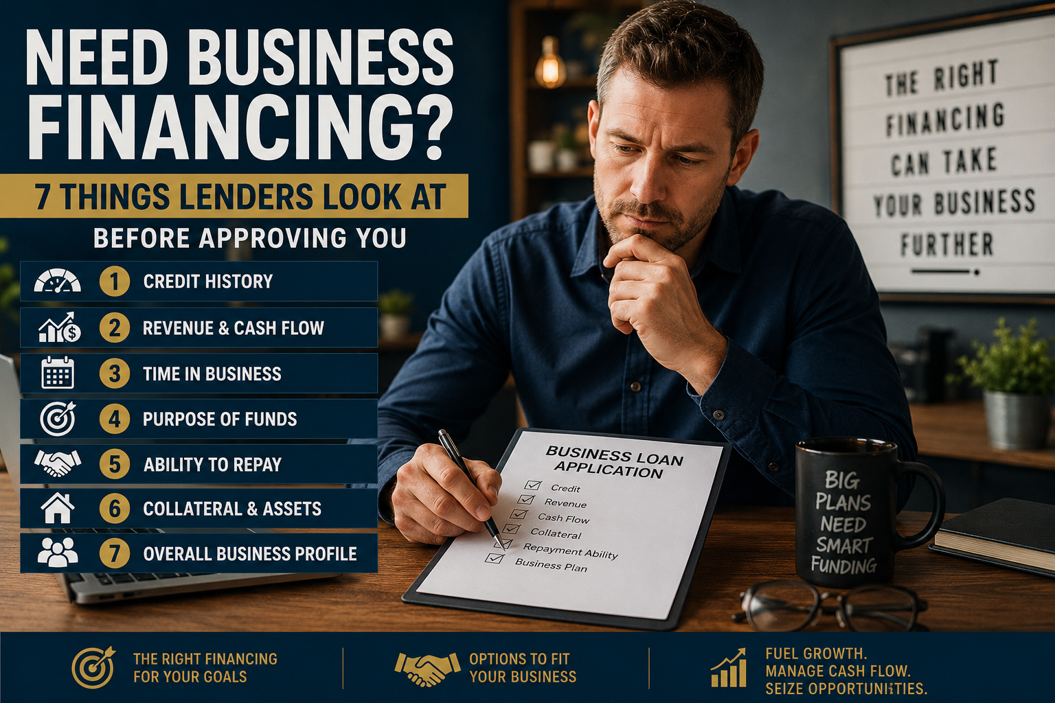 Business financing guide showing seven things lenders look at before approving a business